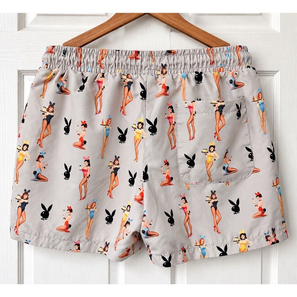 Playboy Bunny Shorts Men’s M Gray Pin Up Girls Swim Trunks Lounge Y2K - Picture 2 of 8